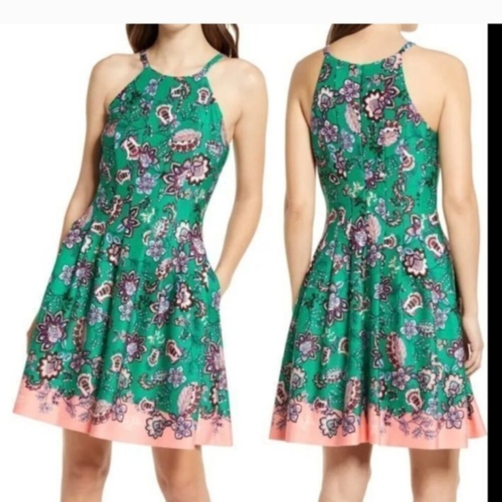 VINCE CAMUTO Women Green floral Halter Neck Scuba Crepe Fit & Flare Dress Sz 2